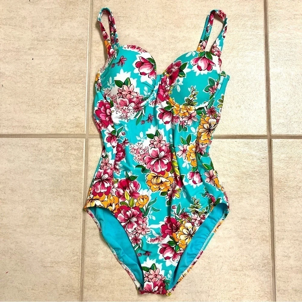 Leilani Push up Swimsuit Turquoise Blue Zinnias Floral women’s 10 multiple ways